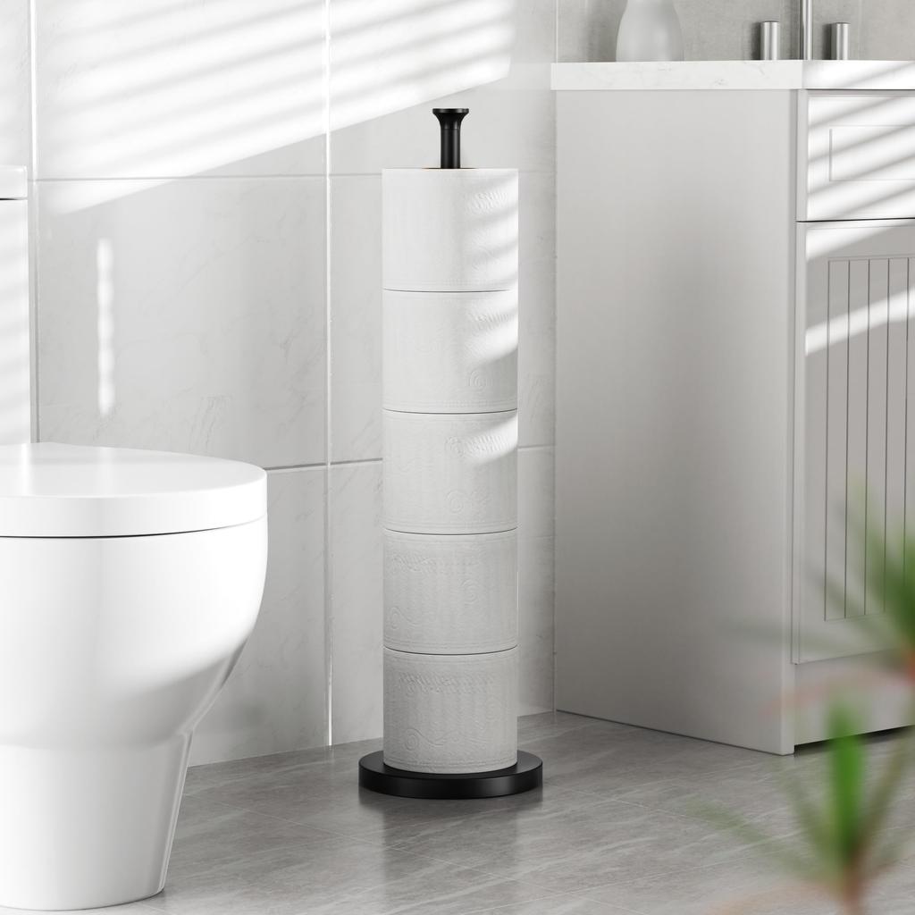 Toilet paper holder stand (with reserve function), freestanding spare roll storage holder, stainless steel, modern design.