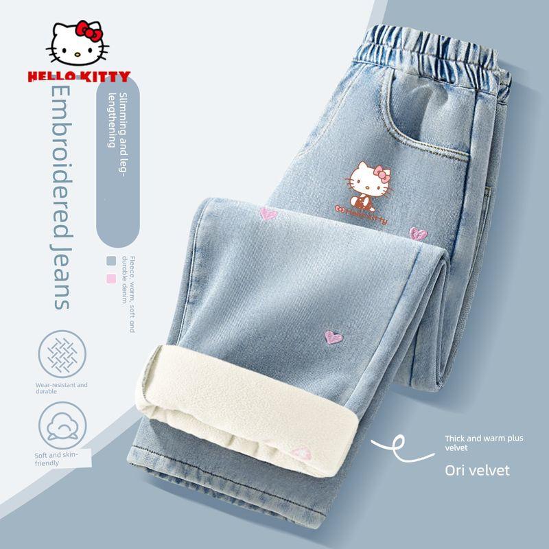 Hellokitty Girls' Fleece-Lined Jeans, Autumn and Winter Integrated Fleece Embroidered Straight-Leg Pants, Stylish Children's Thickened Pants