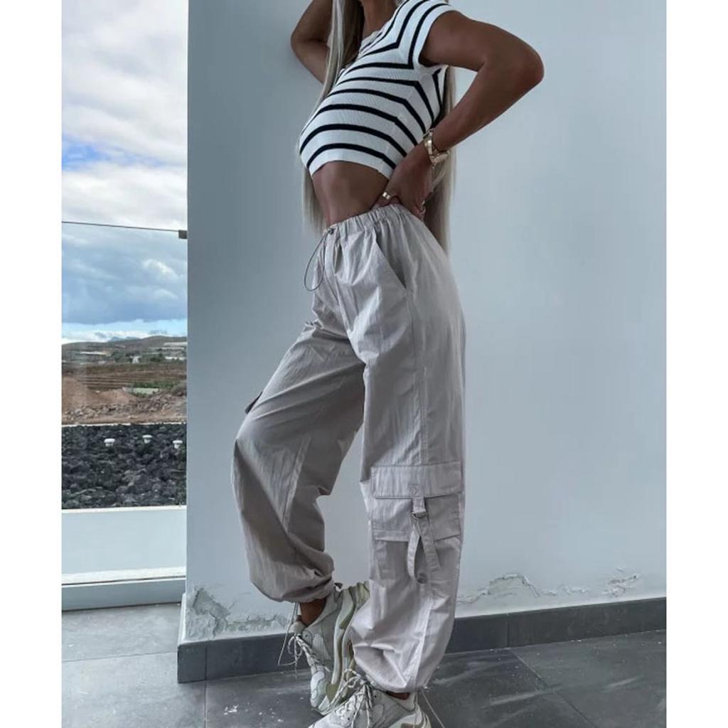 Women Multiple Pockets Pants Drawstring Relaxed Fit Hiking Construction Work Pants Apricot M