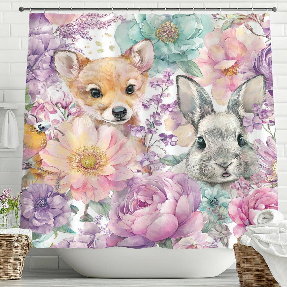 Cartoon-Duschvorhang, Niedliche Blumenkatzen-Kunstaufdruck, Dekorative Badezimmer-Duschvorhänge, Wasserdichter Duschvorhang mit Haken