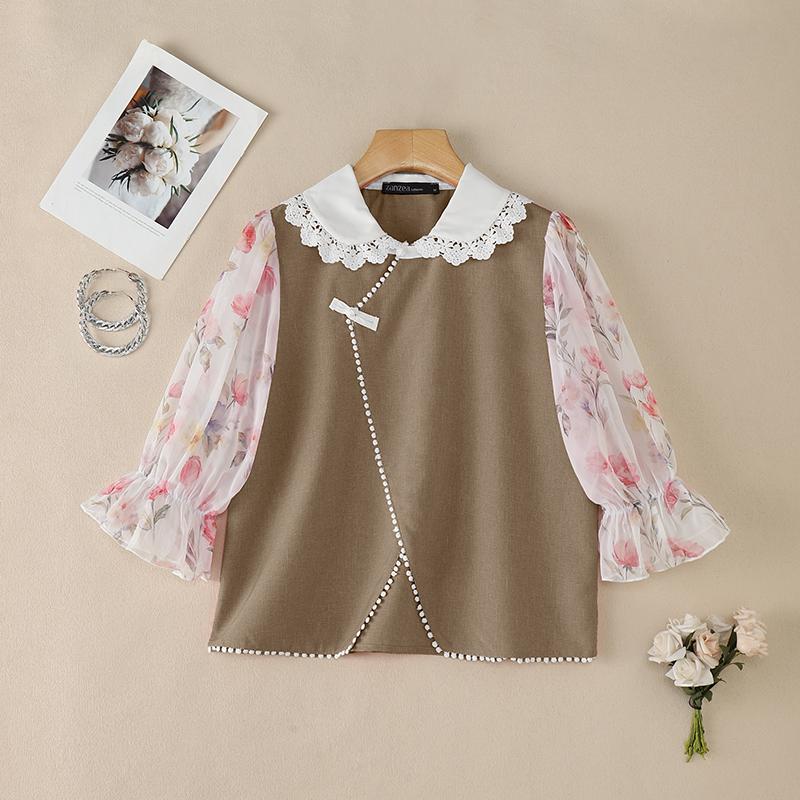 ZANZEA Women Lace Splice Doll Collar Casual Floral Print Half Sleeve Blouse