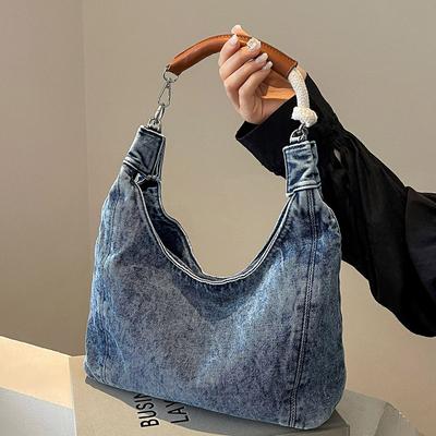 Retro Soft Denim Tote Bag for Women  Autumn New Casual Underarm Bag Temperament Commuting Large Capacity Shoulder Bags