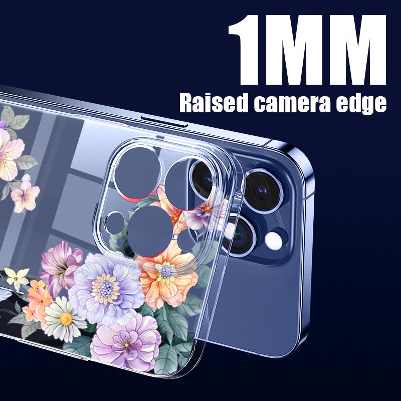 Farbiger Blumendruck, klare, stoßfeste Handyhülle für iPhone 16 Pro Max 15 Pro 14 13 12 11, Hart-PC-Linsenschutz, schlanke, transparente Stoßstangenabdeckung