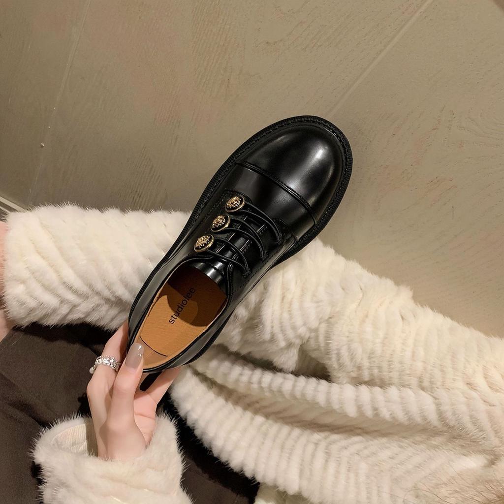 British Retro Loafers Platform Badge Small Leather Shoes Women's Autumn and Winter Leather Niche College Style Black Thick Heel Single Shoes