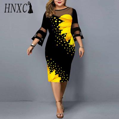 Vestido de Malla con Estampado Digital Patchwork Bodycon para Mujer Elegante Ajustado Longitud Media Manga Acampanada Vestido para Boda Fiesta