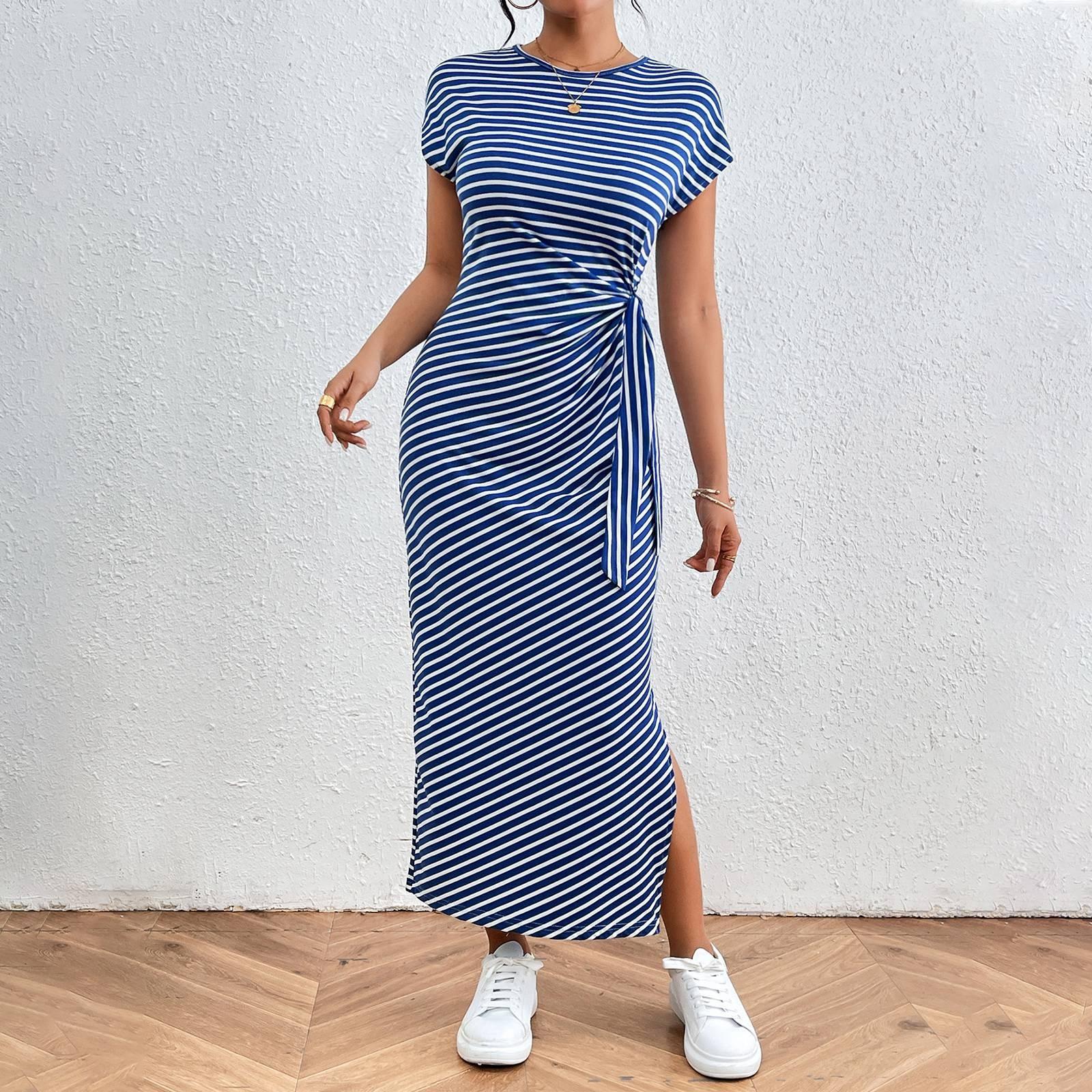 Women s Casual Striped Maxi Dress with Side Slit and Waist Tie Comfortable Short Sleeve Summer Outfit L