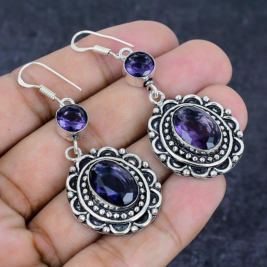 Natural Amethyst Gemstone Handmade 925 Sterling Silver Earring 2.36" p7N18