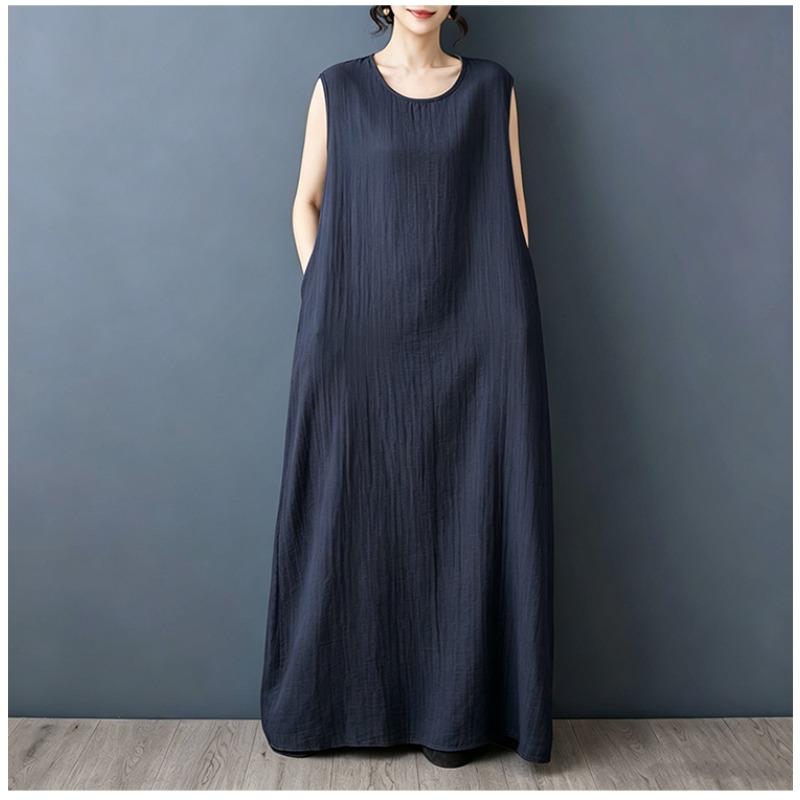 DIMANAF 2026 New Women Plus Size Summer Vintage Lady Long Dress Sleeveless Vest Loose Oversize Maxi Sundress Solid Cotton Linen
