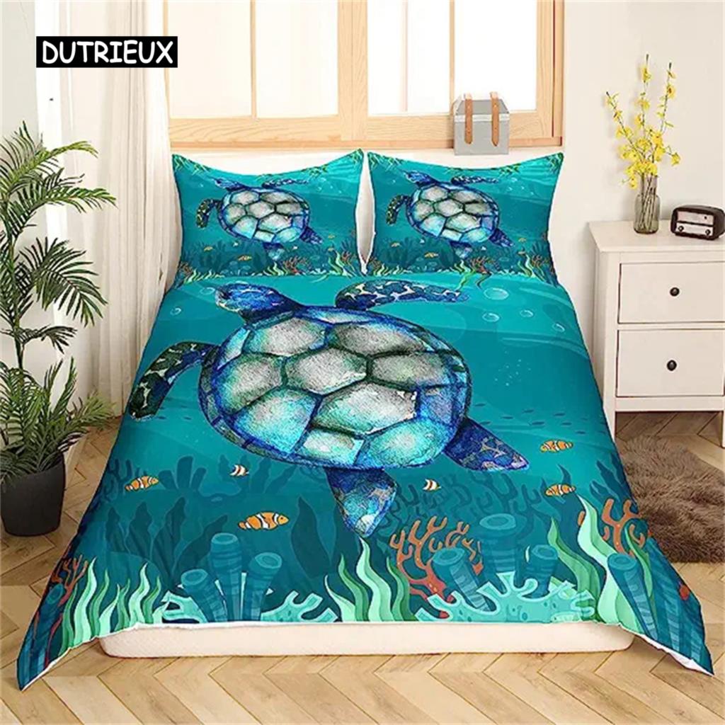 Sea Turtle Duvet Cover Green Blue Ocean Bedding Set Colorful Underwater World for Kids Child Women Nautical Sea Animal Reptile