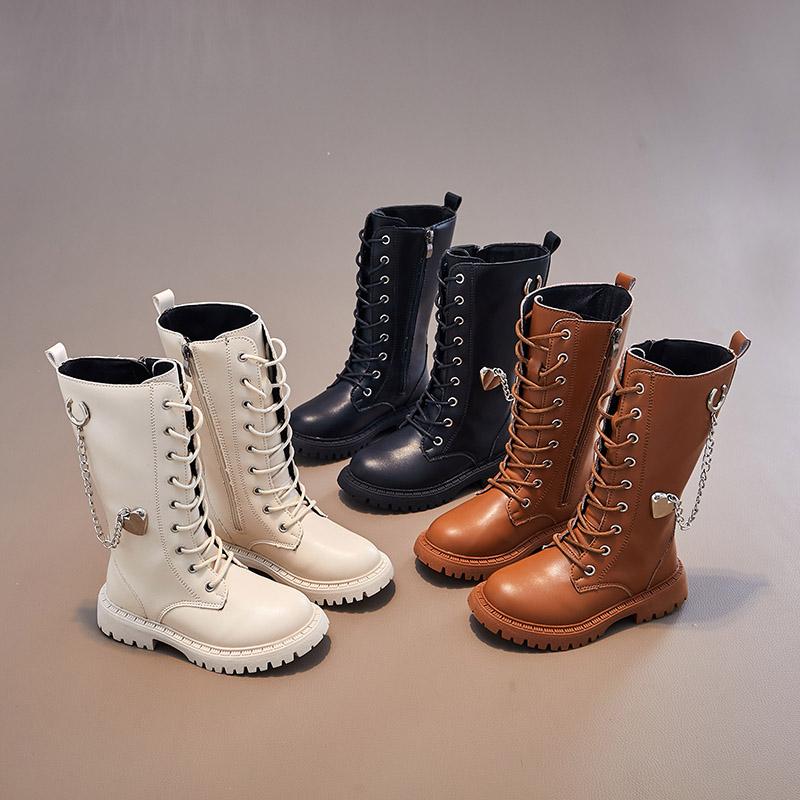 Girls Boots Winter New Korean Style Britain Style Children Fashion Versatile Soft Princess Shoes High Boots Chains Love PU