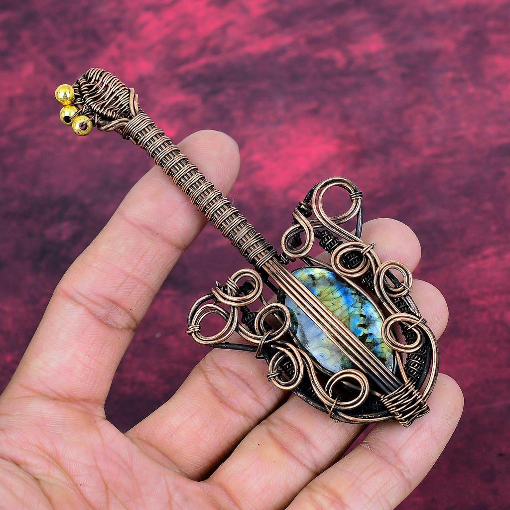 Labradorite Pendant Guitar Pendant Copper Wire Wrapped Jewelry Gemstone Pendant