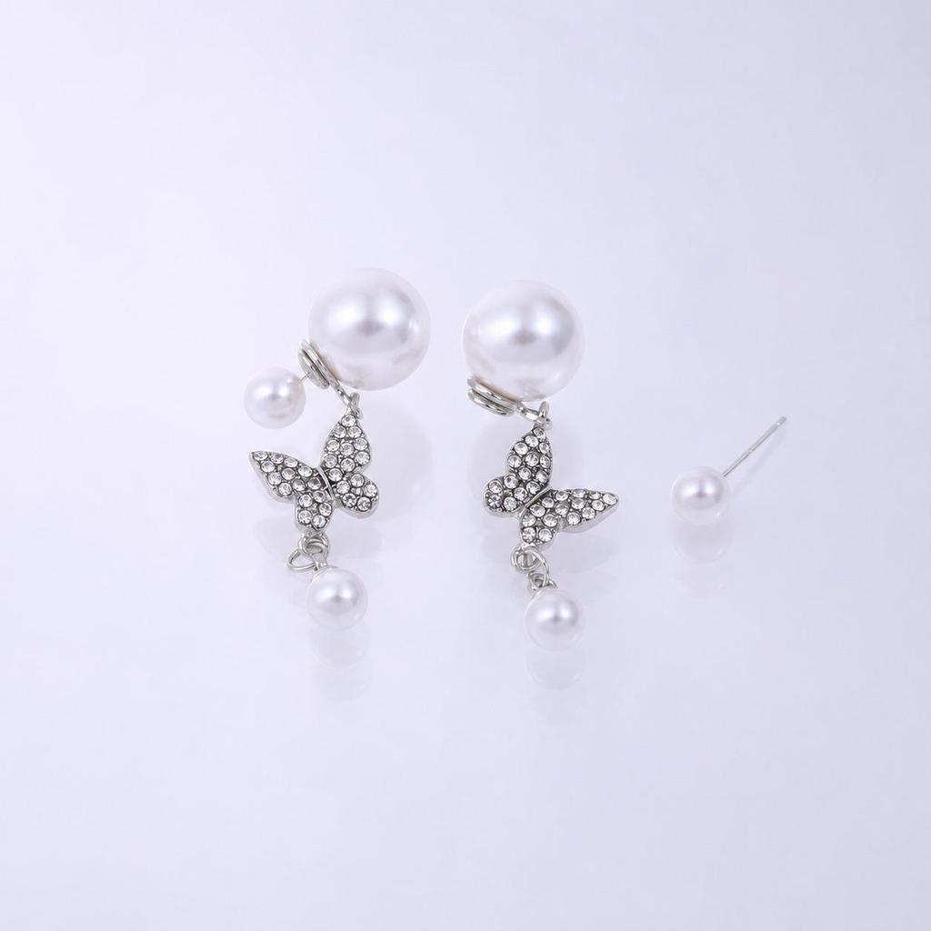 Silver Needle Vintage Rhinestone Butterfly Pearl Tassel Earrings for Women - Elegant and Versatile Fashion Studs