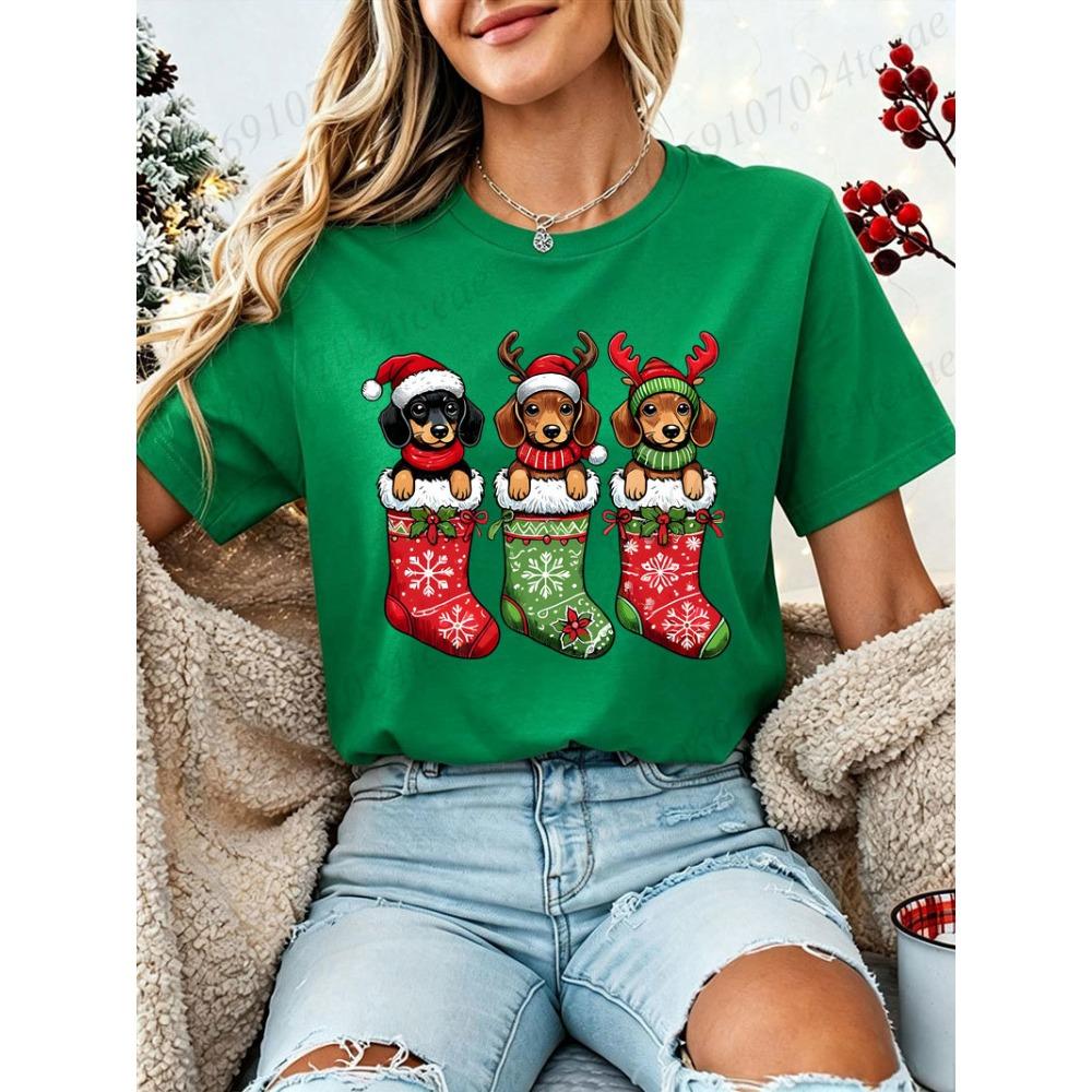 Christmas Dachshund Dog T‑Shirt Women Xmas Stocking Santa Hat Print