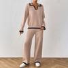 A Two-piece Set of Women's Color-blocking Polo Collar Lapel Pullover, Sweater and Wide-leg Casual Pants