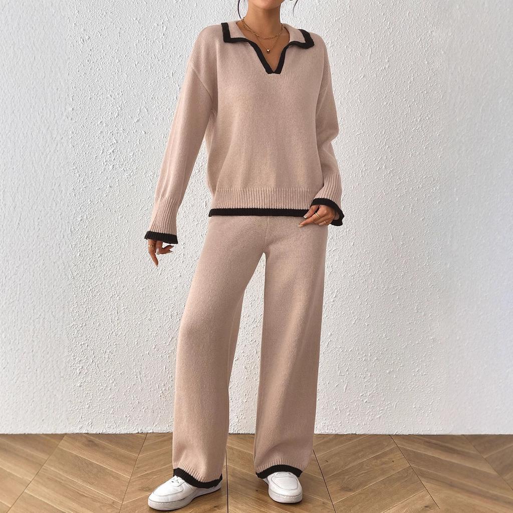 A Two-piece Set of Women's Color-blocking Polo Collar Lapel Pullover, Sweater and Wide-leg Casual Pants