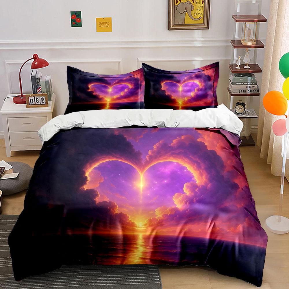 Heart-Shaped Sunset Clouds Bedding Duvet Cover Set (1*Duvet Cover 2*Pillowcases, without duvet insert)