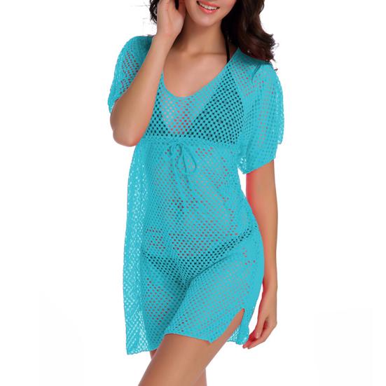 Cover Up, Drawstring Breathable Mesh Fabric, Swimsuit Short Sleeve Side Slit Design, Beach Dress S
