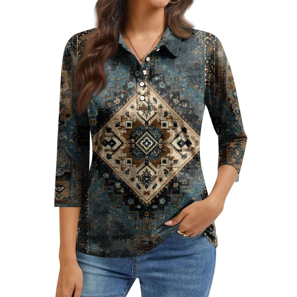 Women's Fashion Casual Lapel Short 3/4 Sleeve Print Shirt Women's Button Up Tops