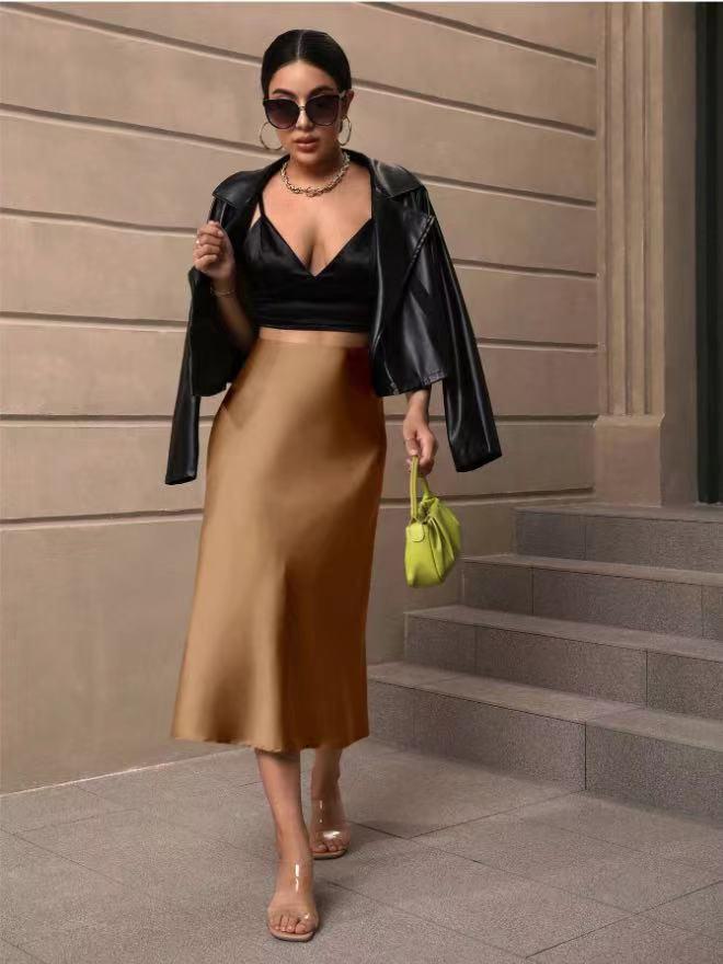 Jesienna satynowa spódnica midi z rybim ogonem - Nowa europejska i amerykańska moda damska