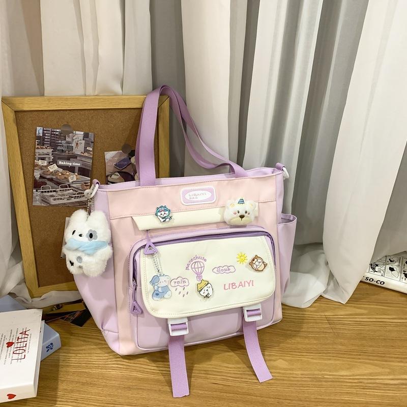 Contrasting Color Junior High School Students' Large Capacity Schoolbags  Female High School Students' Shoulder Bags  Balloon Badges and Backpacks