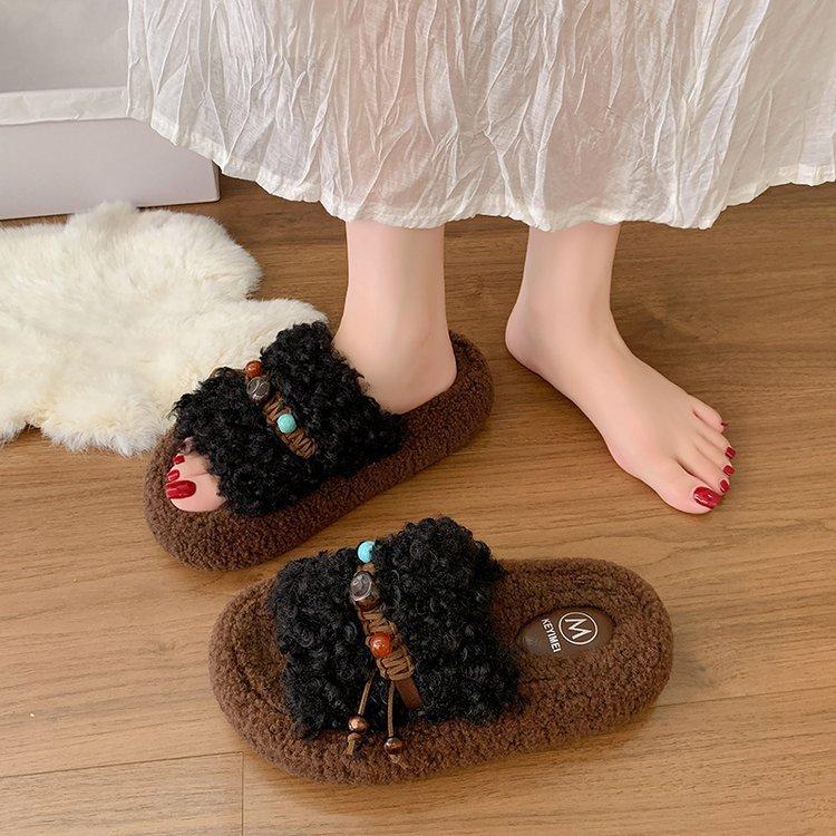 [Uncle Shoes] Lamb Lazy Autumn Fluffy Slippers Women's Outer Wear Cotton Slippers Thick Bottom Curly Hair Retro New One