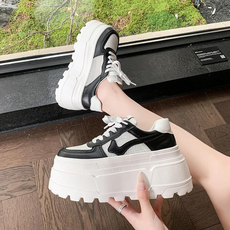 Fashion 8CM Spring Summer Thick Sole Casual Dad Shoes Breathable Mesh Chunky Sneakers Lace-up High Platform Sports Shoes Zapatos Mujer