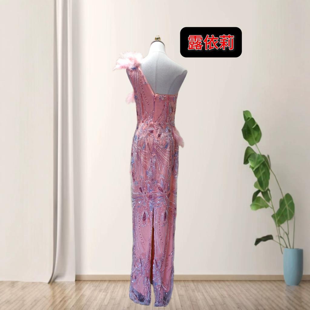 European and American heavy industry beads sexy shoulder feather hip wrap party dinner evening dress dress