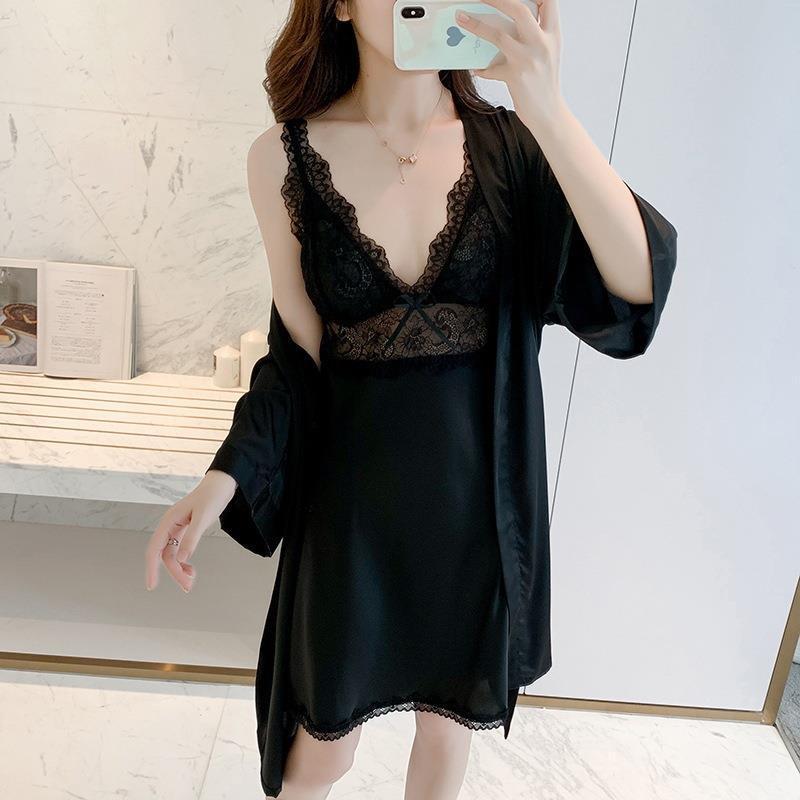 Pajamas women's spring and summer ice silk thin suspender medium and long nightdress sexy lace nightgown loungewear set