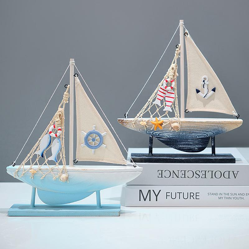 Mediterranean Style Small Boat Decoration Wooden Sailboat Model Small Ornaments Creative Handicraft Boat Model Room Decoration