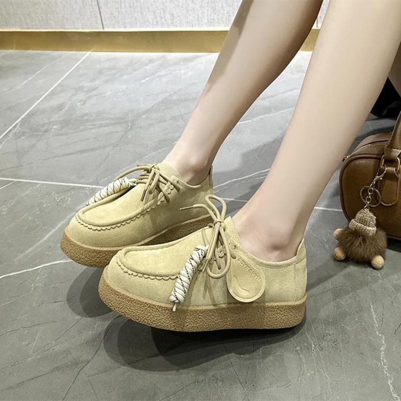 Zapatos para Mujer Mocasines Gamuza Cuero Genuino Estilo Británico Con Cordones Zapatos de Estudiante Mujer Talla Grande Zapatos Clásicos para Mujer