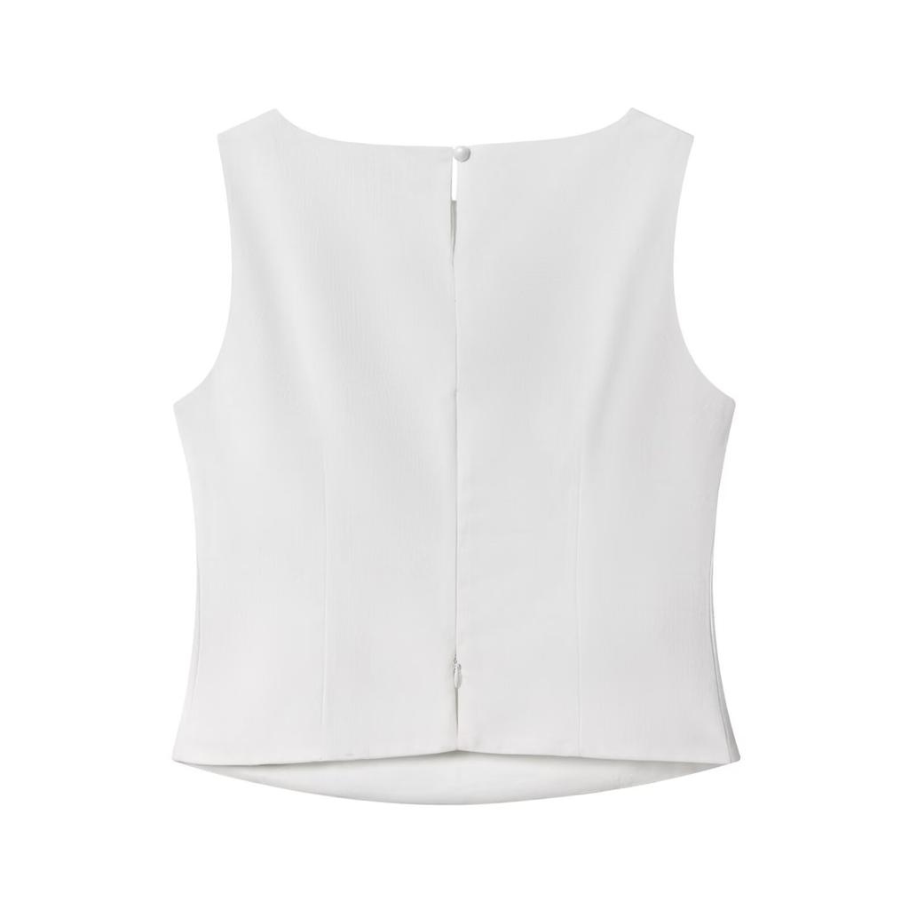 European and American Style, New Women's Clothing, Black and White Cotton and Linen Sleeveless Top, Solid Color Cotton and Linen Pleated Skirt