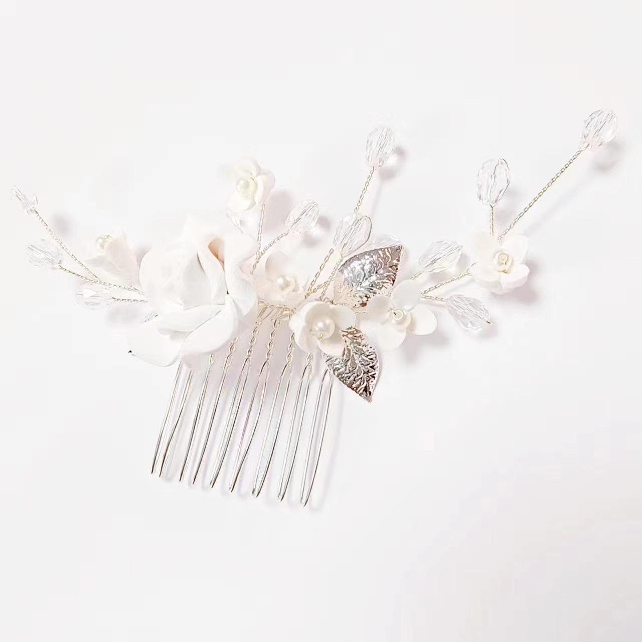 Handmade White Pearl Rose & Rhinestone Hair Comb & Ceramic Flower Vase Bridal Set