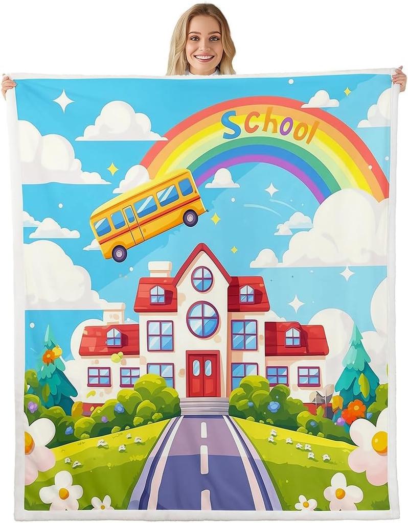 School Bus Blanket Yellow Bus Pattern Fleece Throw Kids Room Decor Back to School Theme Cozy Bed Cover