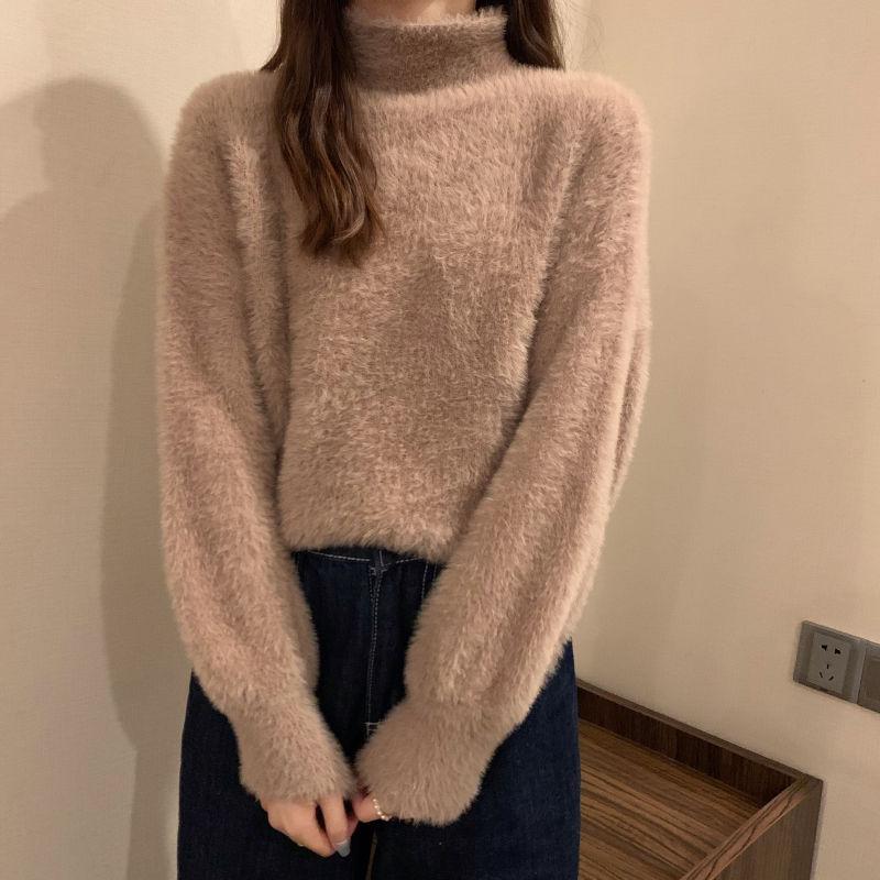 Winter Imitate Mink Wool Fleecing Female Turtleneck Elastic Casual Sweater Women Knitted Tops Pullovers Soft Warm