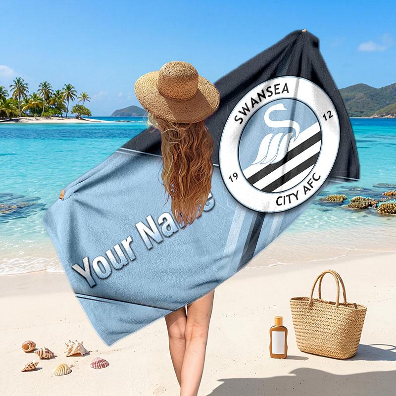 Swansea City FC Custom Beach Towel, Personalized Name Text Print, Football Logo Soft Quick‑Dry Towel Holiday Gift