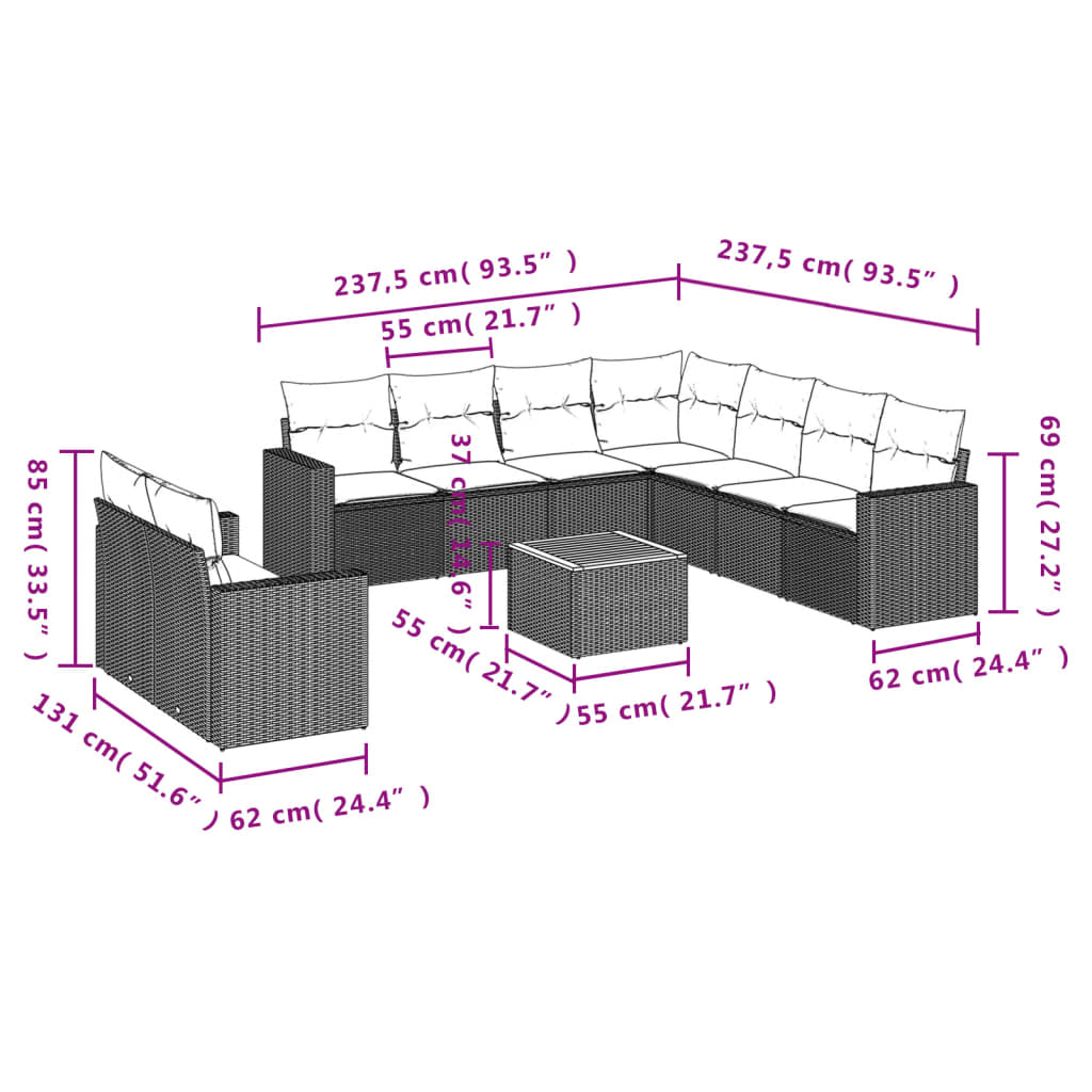 10 piece Garden Sofa Set with Cushions Black Poly Rattan