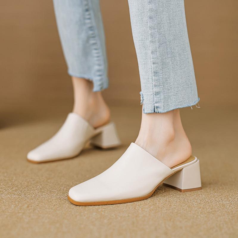 

Summer comfortable bag head slippers casual solid color new high-heeled slippers women s beef tendon soft bottom soft leather cool slippers 40