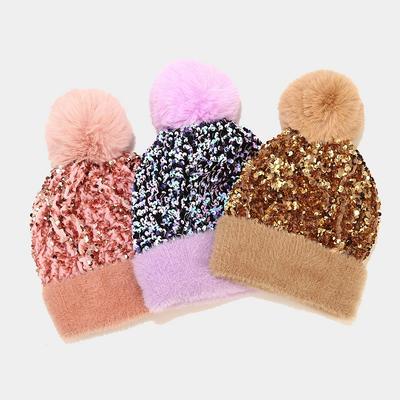 New Autumn and Winter Sequined Plush Hat Women's Warm Solid Color Knitted Hat Removable Hairball Wool Hat