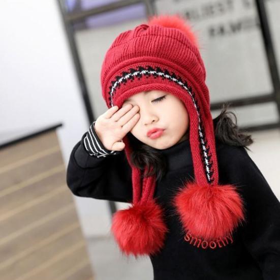 3-12 Years Autumn Winter Kids Beanie Hairball Solid Color Thickened Fleece Lined Jacquard Baby Girls Knitted Hat for Outdoor