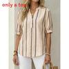 Summer Womens Short Sleeve Linen Striped Print Shirt With V Neck For Casual Wear