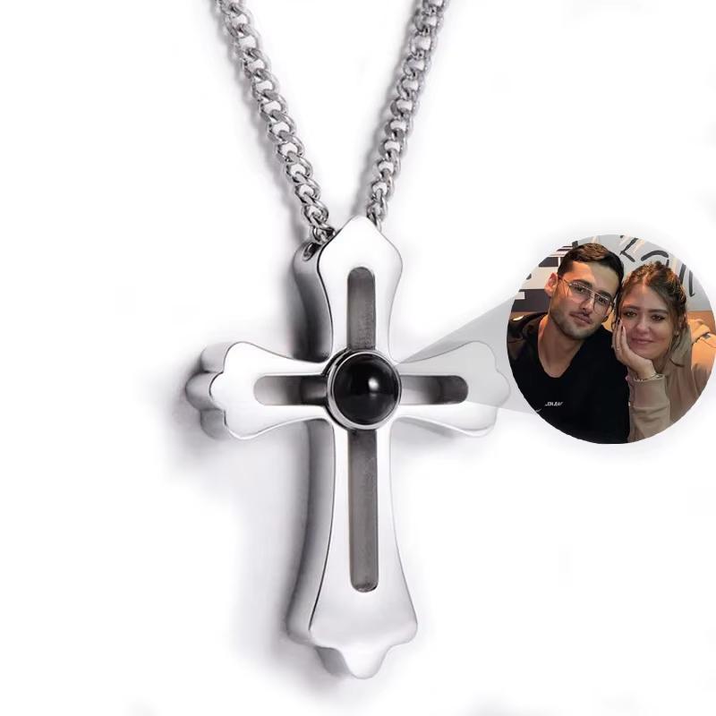 Custom Photo Projection Necklace with Photo Inside Cross Pendant Projection Photo Necklace for Men with Photo Projection