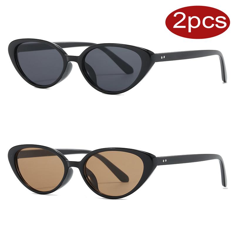 2pcs Fashion New Cat Eye Sunglasses for Women Brand Designer Retro Rivets Brown Sun Glasses Female Shades UV400 Black Eyewear