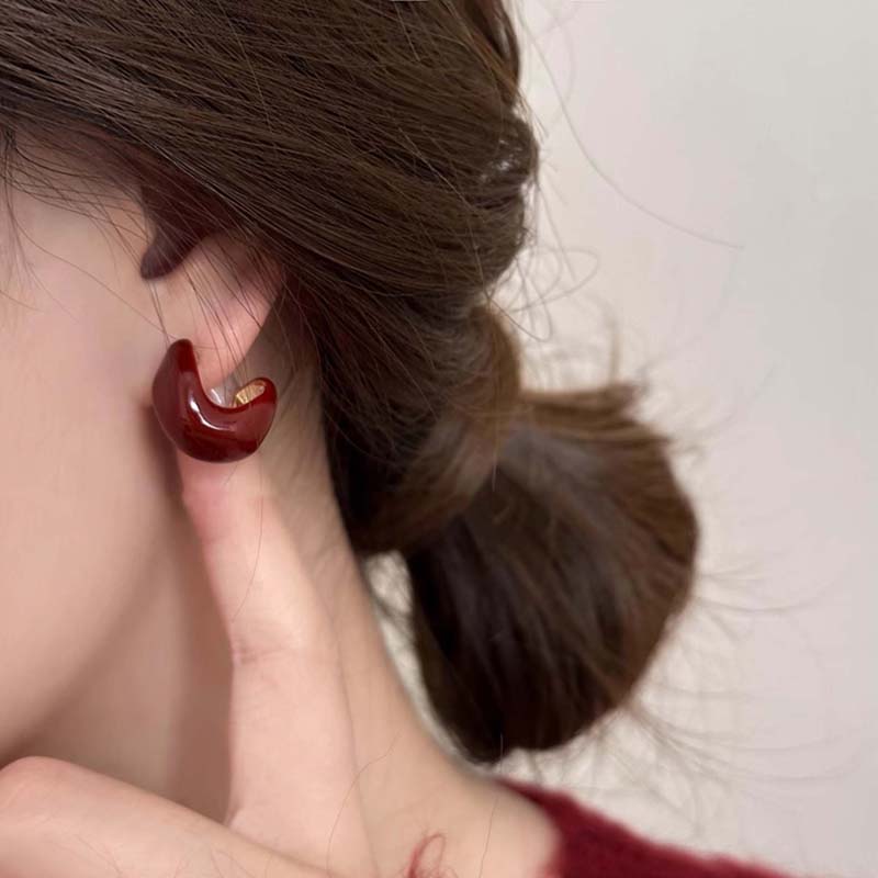 2026 Trend Irregular Geometric C-Shaped Earrings for Women Fashion Minimalist Red Drip Oil Earrings Party Jewelry Accessories