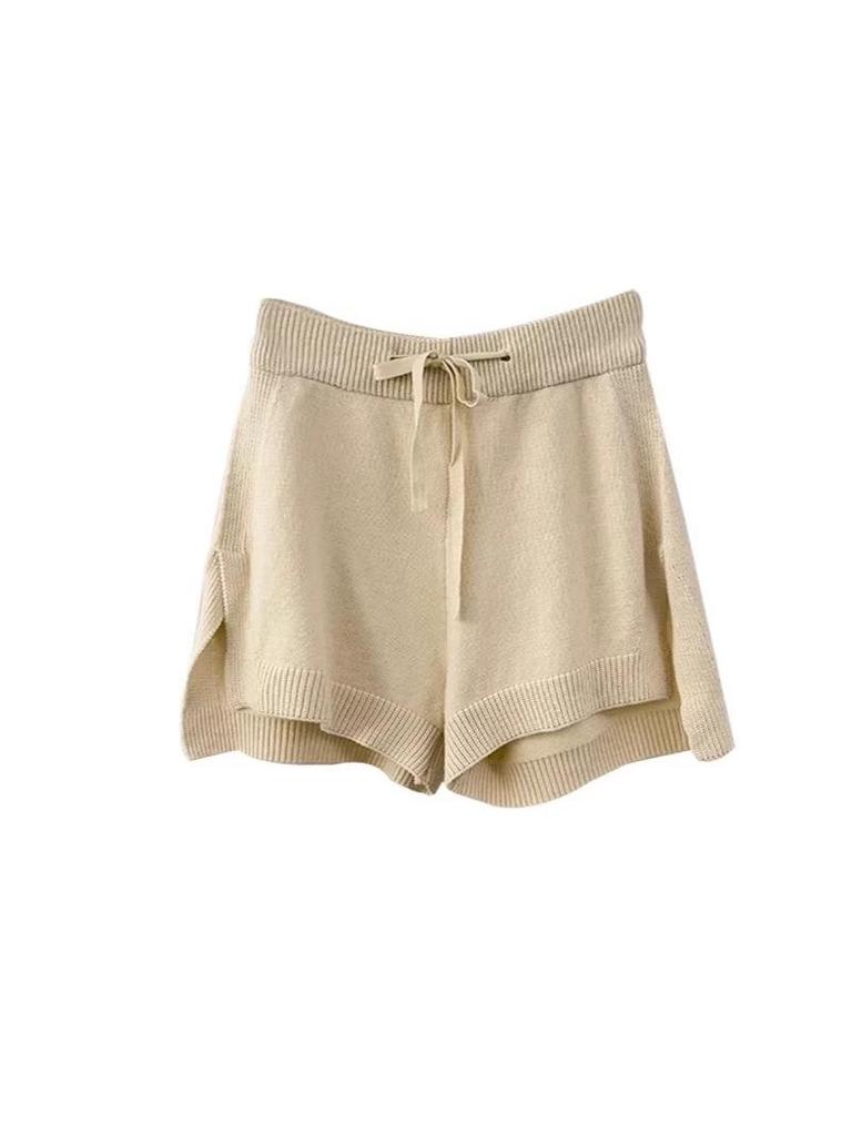 Women's Korean Style Knit Shorts with Drawstring and Wide-Leg Design - Spring 2026, Age-Defying, Solid Color, Leg-Lengthening.