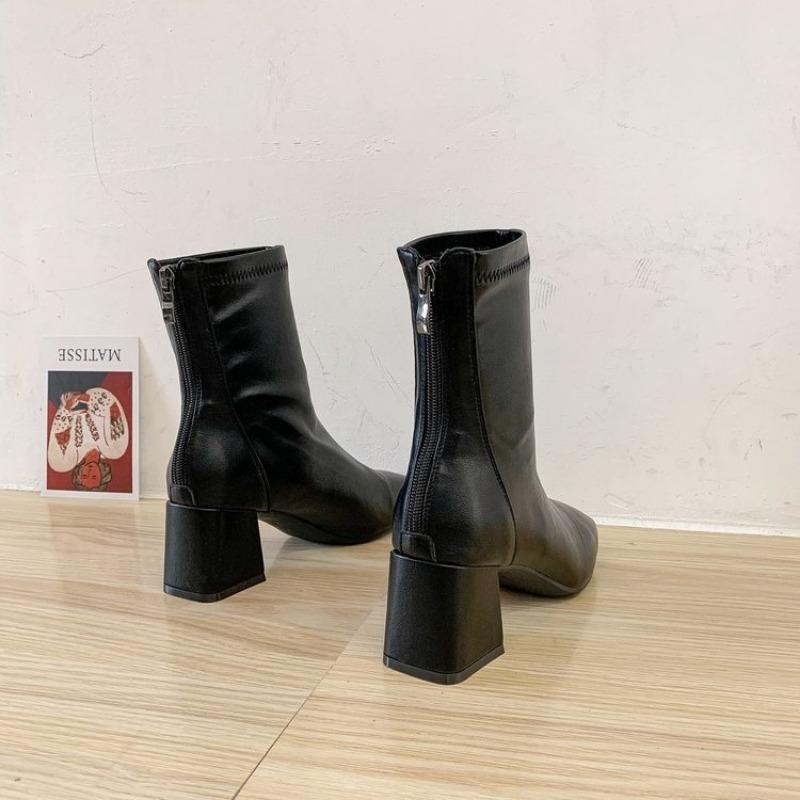 Martin Boots Women's New Women's Boots Winter Square Head Rear Zipper Short Boots Women's Thick Heel Medium Heel Boots Women's 6cm