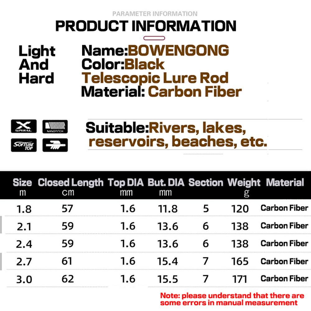 Nueva caña de pescar telescópica de carbono, 1,8 M, 2,1 M, 2,4 M, 2,7 M, 3M, caña giratoria con mango EVA/caña fundida, caña de pescar, aparejos de pesca Jigging