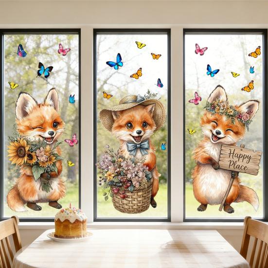 Pegatinas de Ventana Zorro de Primavera Zorro de Dibujos Animados Flores Mariposas Pegatina de Cristal Extraíble Animales Lindos Pegatinas de Ventana para Decoración de Hogar Oficina Tienda