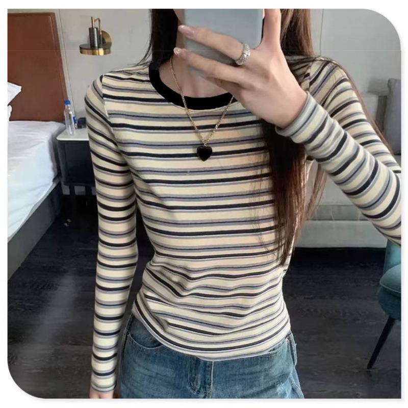 Autumn Winter Round Neck Vintage Striped Printing T-shirt Women Long Sleeve All-match Slim Pullover Tee Top