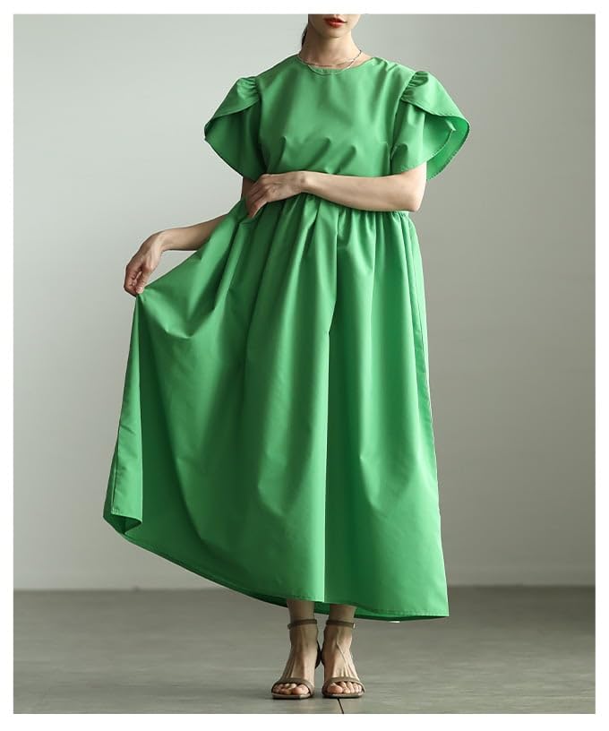 La A Voluminous Flared Color Dress That Brightens Your Long Dress with Short Flared Voluminous Flattering Casual Free Size Green [sawa Á Mode] Mood.