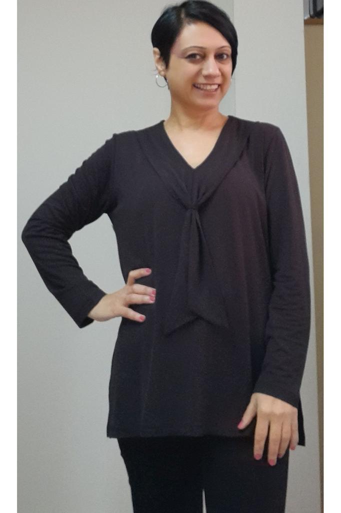 Damski Styl Duży Rozmiar T-Shirt Czarny Wygląd Szalika Czesana Wiskoza Długi Rękaw